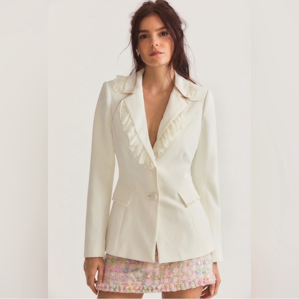 LoveShackFancy Cream Blazer with Ruffle Detail